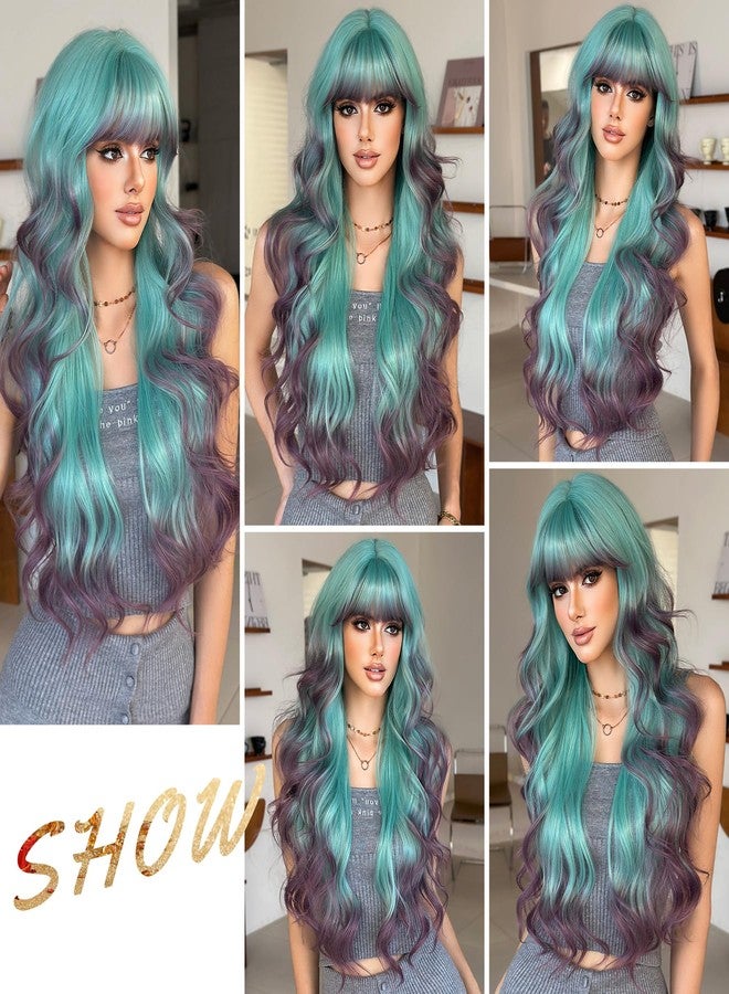 7JHH WIGS 31in Turquoise Long Wavy Bangs Purple Highlight Wigs Mixed Light Green Ombre Lavender Purple Heat Resistant Synthetic Fiber Women Wavy Curly Wigs for Christmas Daily Party Daily Used - Image 5
